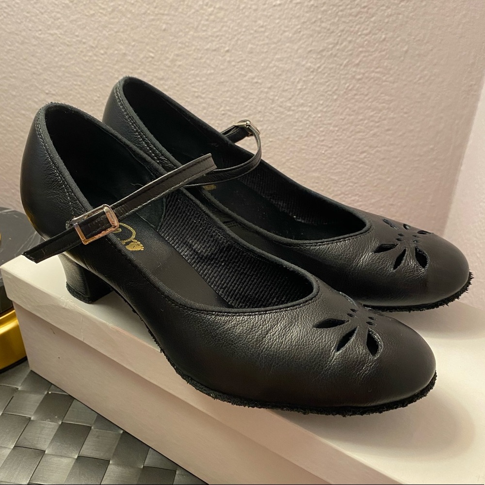 Black Leather Closed Toe Mary Jane Dance Shoes w/ Cut-out Design and Suede Sole